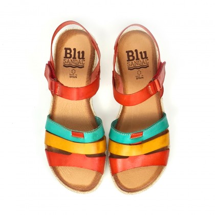 Woman Leather Low Wedged Sandals Velcro Padded Insole 2898 Multilcolor, by Blusandal