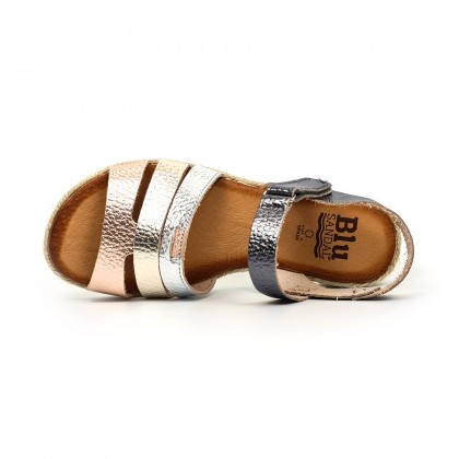 Woman Leather Low Wedged Sandals Velcro Padded Insole 2898 Multilmetal, by Blusandal