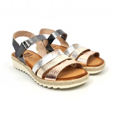 Woman Leather Low Wedged Sandals Velcro Padded Insole 2898 Multilmetal, by Blusandal