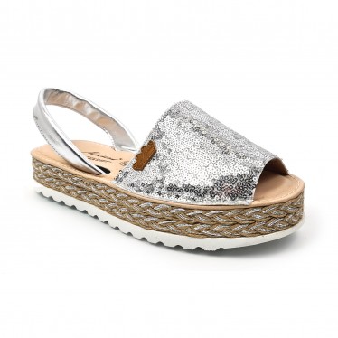 Woman Leather and Sequins Menorcan Sandals Platform Cushioned Insole 1253 Silver, by Eva Mañas