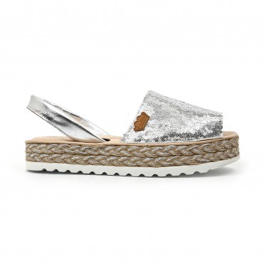 Woman Leather and Sequins Menorcan Sandals Platform Padded Insole 1253 Silver, by Eva Mañas