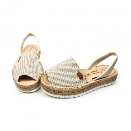 Woman Leather and Sackcloth Menorcan Sandals Platform Cushioned Insole 1250 Beige, by Eva Mañas