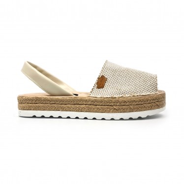 Woman Leather and Sackcloth Menorcan Sandals Platform Padded Insole 1250 Beige, by Eva Mañas