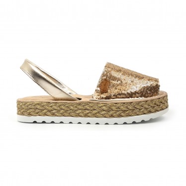 Woman Leather and Sequins Menorcan Sandals Platform Padded Insole 1253 Platinum, by Eva Mañas