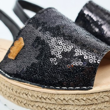 Woman Leather and Sequins Menorcan Sandals Platform Cushioned Insole 1253 Black, by Eva Mañas