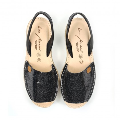 Woman Leather and Sequins Menorcan Sandals Platform Cushioned Insole 1253 Black, by Eva Mañas
