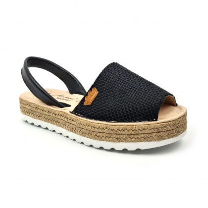 Woman Leather and Sackcloth Menorcan Sandals Platform Cushioned Insole 1250 Black, by Eva Mañas