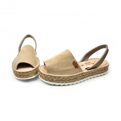 Woman Leather and Glitter Menorcan Sandals Platform Cushioned Insole 1251 Taupe, by Eva Mañas