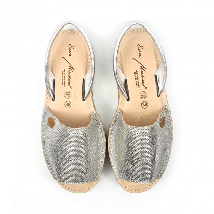 Woman Leather and Metallic Sackcloth Menorcan Sandals Platform Cushioned Insole 1254 Silver, by Eva Mañas