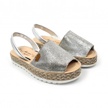 Woman Leather and Metallic Sackcloth Menorcan Sandals Platform Cushioned Insole 1254 Silver, by Eva Mañas