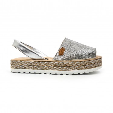 Woman Leather and Metallic Sackcloth Menorcan Sandals Platform Padded Insole 1254 Silver, by Eva Mañas