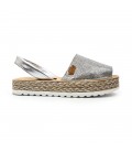 Woman Leather and Metallic Sackcloth Menorcan Sandals Platform Padded Insole 1254 Silver, by Eva Mañas