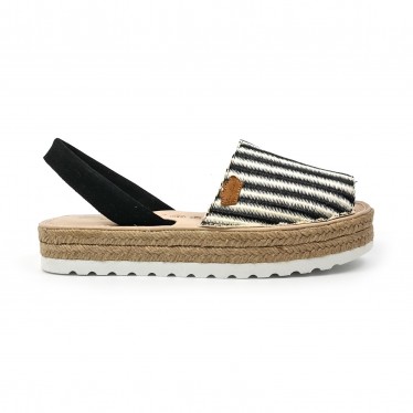 Woman Leather and Raffia Menorcan Sandals Platform Cushioned Insole 1255 Black, by Eva Mañas
