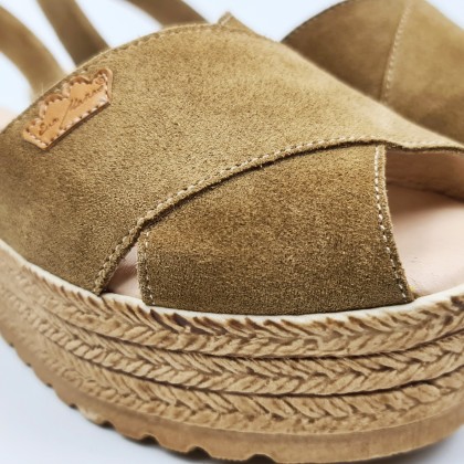 Woman Suede Leather Crossed Menorcan Sandals Platform Padded Insole 1257 Taupe, by Eva Mañas