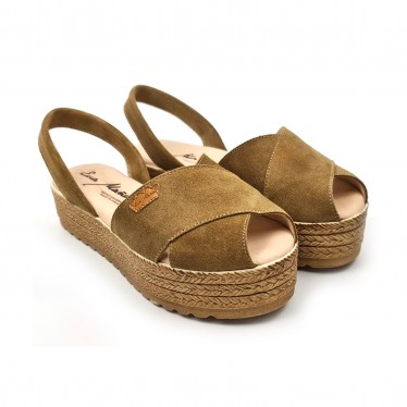 Woman Suede Leather Crossed Menorcan Sandals Platform Padded Insole 1257 Taupe, by Eva Mañas