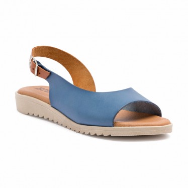 Woman Leather Low Wedged Sandals Padded Insole 1115 Blue, by Blusandal