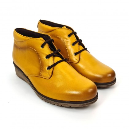 Womens Leather Comfort Wedged Booties Laces Removable Insole 70241 Mustard, by Tupié