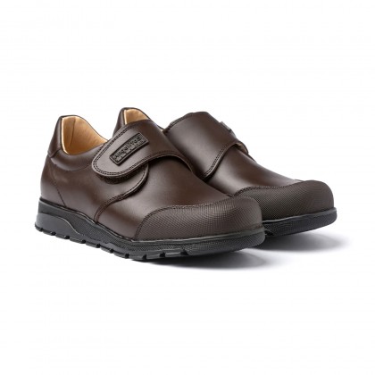 Boys Leather School Shoes Reinforced Toe Velcro 453 Chocolate, by AngelitoS