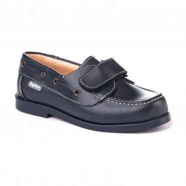Boys Leather School Boat Shoes Velcro Rounded Toe 350 Navy, by AngelitoS