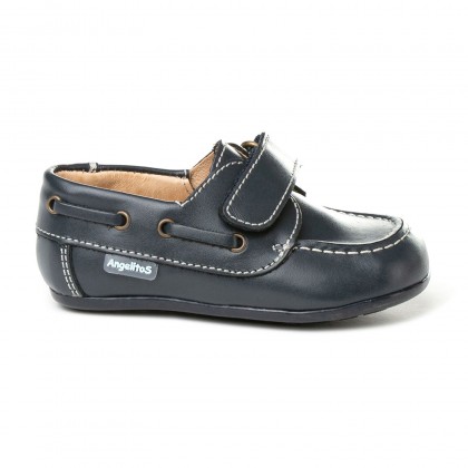 Boys Leather School Boat Shoes Velcro Rounded Toe 355 Navy, by AngelitoS
