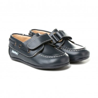 Childrens Boy Leather School Boat Shoes Velcro Rounded Toe 355 Navy, by AngelitoS
