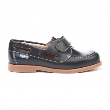 Boys Leather School Boat Shoes Velcro Rounded Toe 351 Navy, by AngelitoS