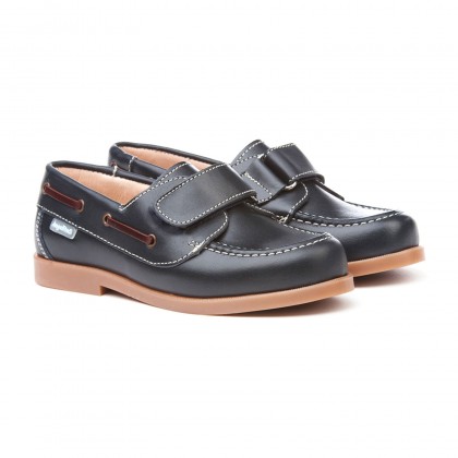 Boys Leather School Boat Shoes Velcro Rounded Toe 351 Navy, by AngelitoS