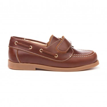 Boys Leather School Boat Shoes Velcro Rounded Toe 351 Leather, by AngelitoS