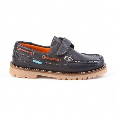 Boys Leather School Boat Shoes Velcro Thick Sole 804 Navy, by AngelitoS