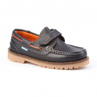 Boys Leather School Boat Shoes Velcro Thick Sole 804 Navy, by AngelitoS