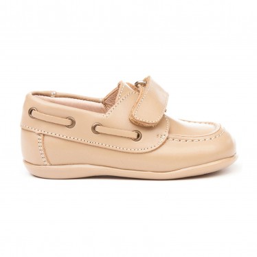 Childrens Boy Leather School Boat Shoes Velcro Rounded Toe 354 Camel, by AngelitoS