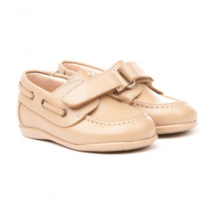 Childrens Boy Leather School Boat Shoes Velcro Rounded Toe 354 Camel, by AngelitoS