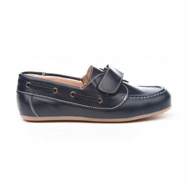 Boys Leather School Boat Shoes Velcro Rounded Toe 353 Navy, by AngelitoS